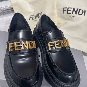 Fendi Black Leather Loafers with Gold Accent
